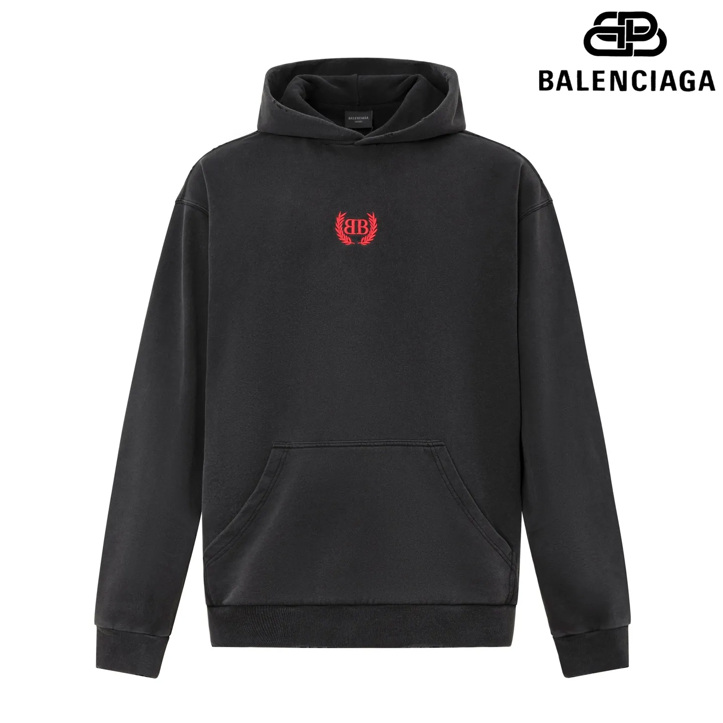 🅿️300 7203# Detailed picture Top version [[BALENCIA*GA] official website quality Paris new wheat ear LOGO front embroidered hooded sweatshirt OS version Loose dropped shoulders Unisex style Fabric: 480g 100% cotton terry David sweater Craftsmanship: Front embroidery Garment wash Distressed Frayed Styling Solid color Color: Washed black Size: XS S M L