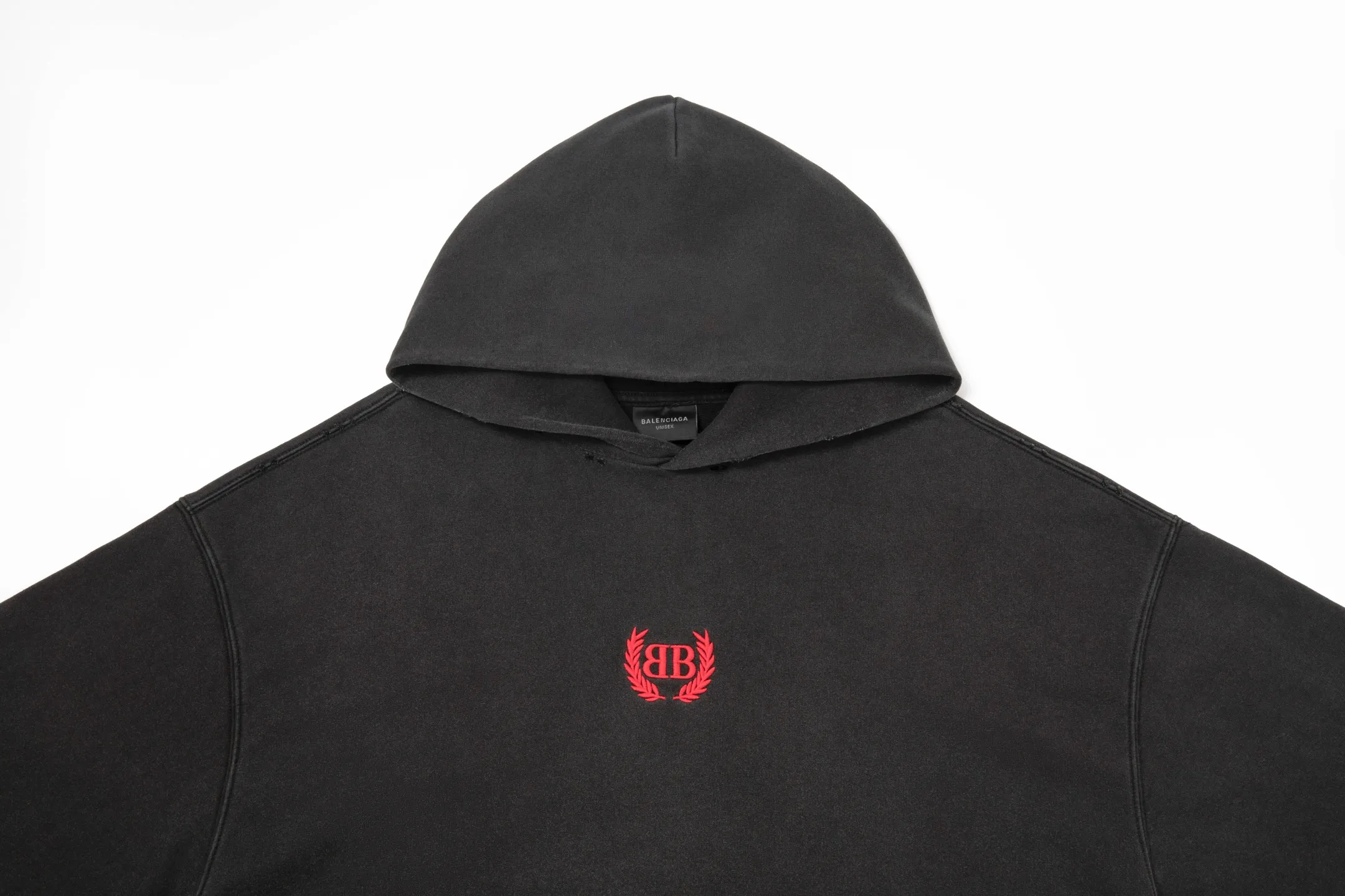 🅿️300 7203# Detailed picture Top version [[BALENCIA*GA] official website quality Paris new wheat ear LOGO front embroidered hooded sweatshirt OS version Loose dropped shoulders Unisex style Fabric: 480g 100% cotton terry David sweater Craftsmanship: Front embroidery Garment wash Distressed Frayed Styling Solid color Color: Washed black Size: XS S M L