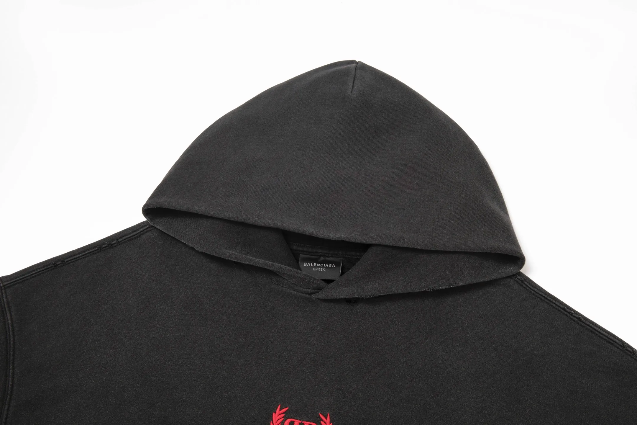 🅿️300 7203# Detailed picture Top version [[BALENCIA*GA] official website quality Paris new wheat ear LOGO front embroidered hooded sweatshirt OS version Loose dropped shoulders Unisex style Fabric: 480g 100% cotton terry David sweater Craftsmanship: Front embroidery Garment wash Distressed Frayed Styling Solid color Color: Washed black Size: XS S M L