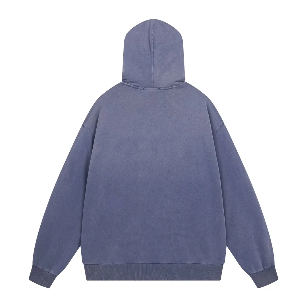 🅿️330 detailed pictures [Top version. Official website quality] BALENCI*GA/Paris BALENCI*GA#2024 latest model, classic letter LOGO graffiti. Toothbrush embroidery ready-to-wear distressed hooded sweatshirt. Brick cabinet synchronization. Genuine products are developed and developed in the first time. Welcome to compare! The fabric is made of Paris ZP custom-woven and dyed cotton sweatshirt. The weight is 450 grams. The cloth surface is clean. The cloth pattern is clear. It is soft and comfortable. It has good color fastness and is not easy to change color. The threads are woven and dyed with no color difference. The embroidery is done using imported Tajima embroidery machines. Over 10W needlework and extremely complex craftsmanship. The effect is three-dimensional and the lines are clear. No rough edges and lines. Ultra-high-tech embroidery. The hand-painted worn-out effect of ready-made garments. The version adopts OS loose shoulder design. Same style for men and women. Code: BL238030 Color: Dark blue gray. Floral gray. Washed blue Size: XS S M L