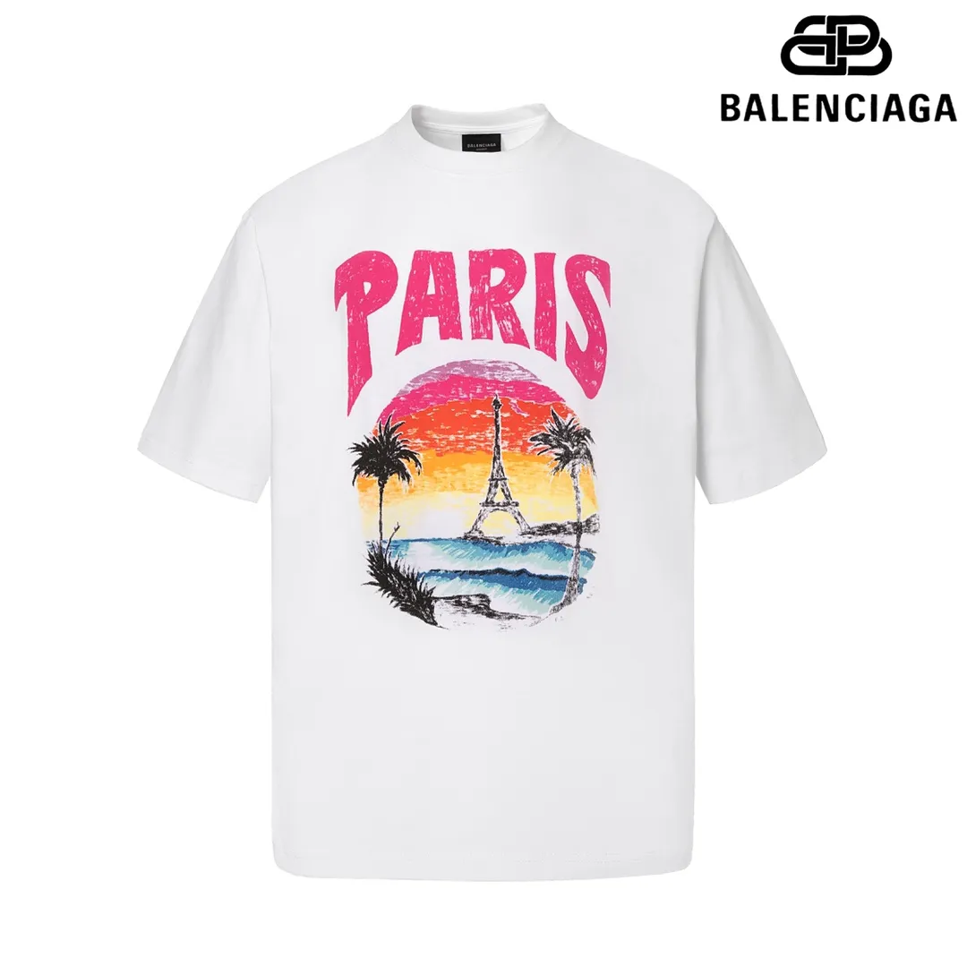 🅿️170 9125# Detailed picture Top version [[BALENCIA*GA] official website quality Paris New Hawaiian Sunset Coconut Tree Tower LOGI printed short-sleeved T-shirt OS version Loose dropped shoulders Unisex fabric: 260 grams 100% cotton double yarn Technology: front and rear panel printing Garment washing Shape solid color Color: black white Size: XS S M L