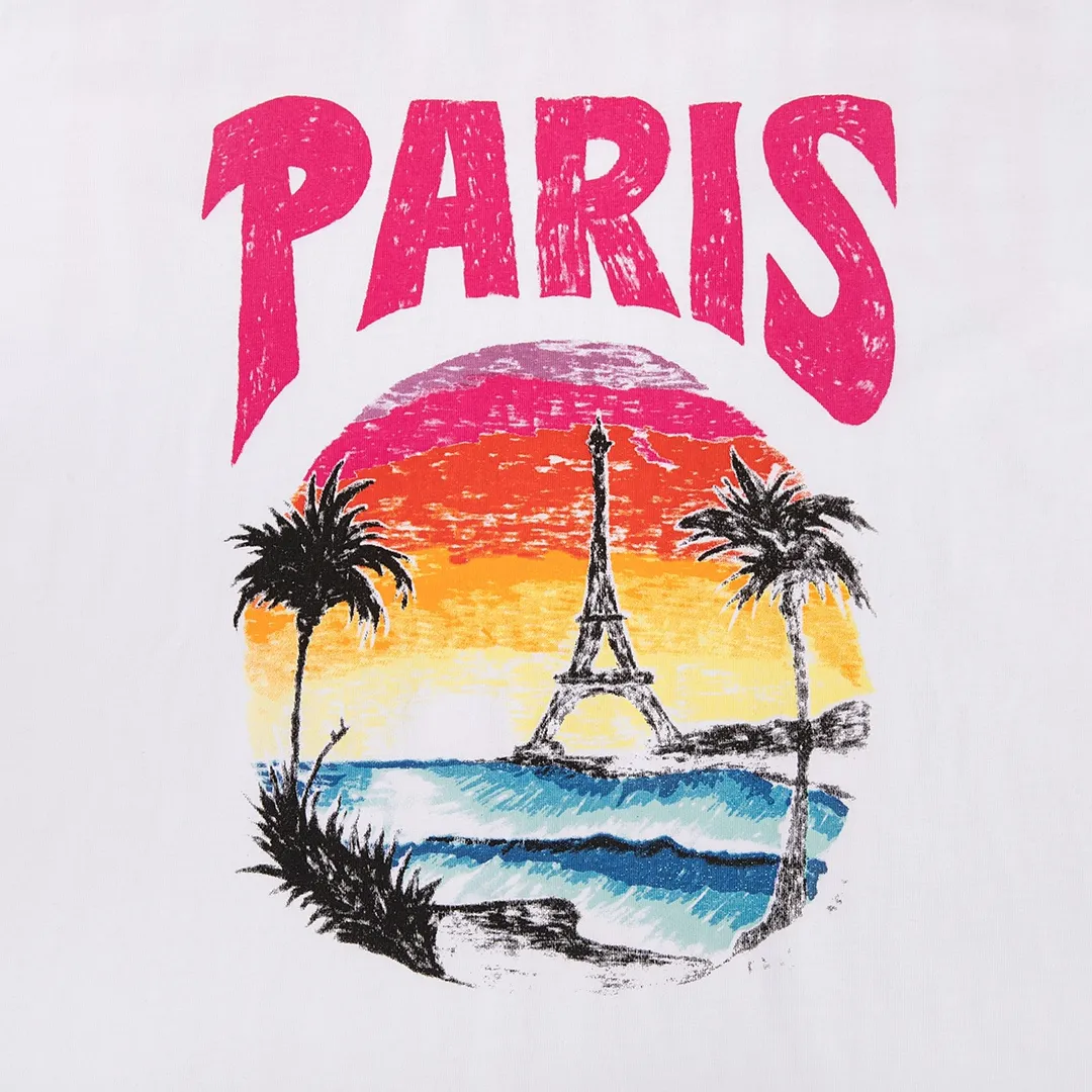 🅿️170 9125# Detailed picture Top version [[BALENCIA*GA] official website quality Paris New Hawaiian Sunset Coconut Tree Tower LOGI printed short-sleeved T-shirt OS version Loose dropped shoulders Unisex fabric: 260 grams 100% cotton double yarn Technology: front and rear panel printing Garment washing Shape solid color Color: black white Size: XS S M L