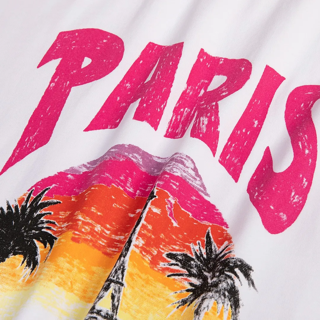 🅿️170 9125# Detailed picture Top version [[BALENCIA*GA] official website quality Paris New Hawaiian Sunset Coconut Tree Tower LOGI printed short-sleeved T-shirt OS version Loose dropped shoulders Unisex fabric: 260 grams 100% cotton double yarn Technology: front and rear panel printing Garment washing Shape solid color Color: black white Size: XS S M L