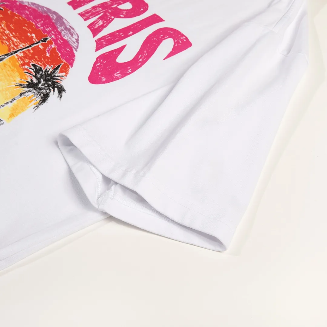 🅿️170 9125# Detailed picture Top version [[BALENCIA*GA] official website quality Paris New Hawaiian Sunset Coconut Tree Tower LOGI printed short-sleeved T-shirt OS version Loose dropped shoulders Unisex fabric: 260 grams 100% cotton double yarn Technology: front and rear panel printing Garment washing Shape solid color Color: black white Size: XS S M L