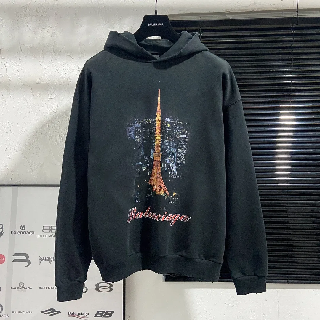🅿️310 7156# Actual photo top version [[BALENCIA*GA] official website quality Paris new Japanese Tokyo Tower series hooded sweatshirt OS version loose dropped shoulders Unisex style Fabric: 480g 100% cotton terry Davidson process: front and back digital printing garment wash worn distressed solid color Color: black blue off-white Size: XS S M L
