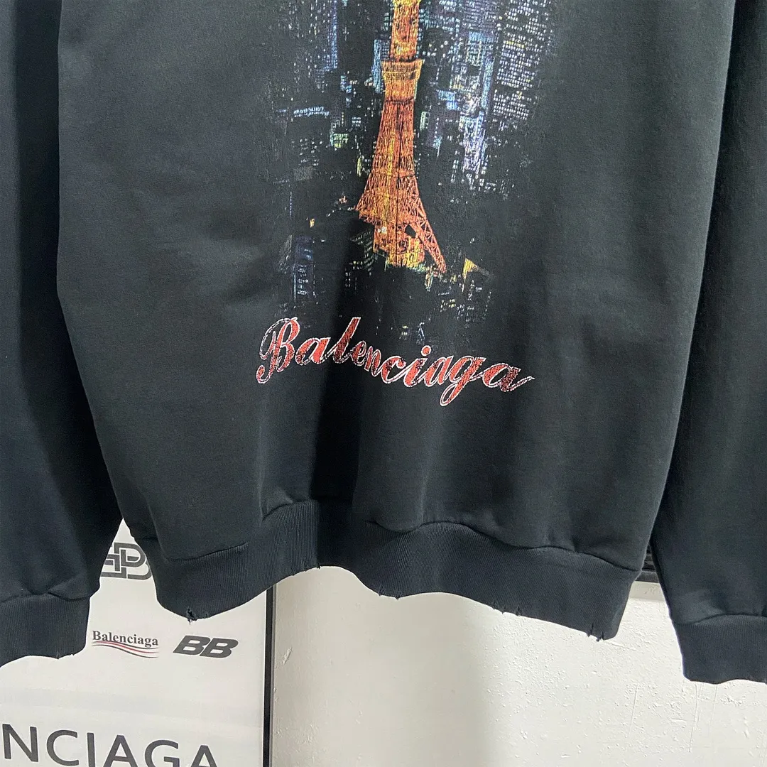 🅿️310 7156# Actual photo top version [[BALENCIA*GA] official website quality Paris new Japanese Tokyo Tower series hooded sweatshirt OS version loose dropped shoulders Unisex style Fabric: 480g 100% cotton terry Davidson process: front and back digital printing garment wash worn distressed solid color Color: black blue off-white Size: XS S M L