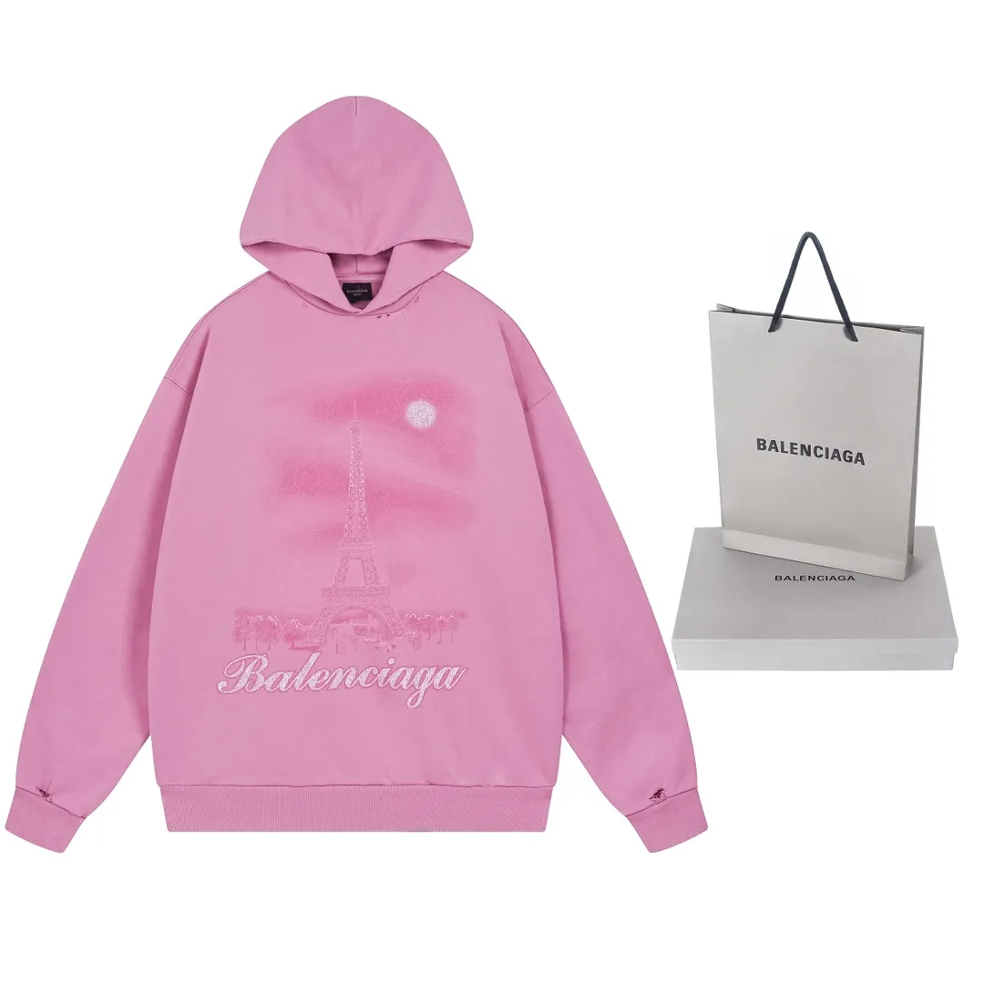 🅿️370 real photos [Top version. Official website quality] BALENCI*GA/Paris. 2024 latest autumn and winter Paris Eiffel Tower direct-injection white ink gradient color printing washed and worn hooded sweatshirt. Overweight craftsmanship, brick cabinet synchronization. ⚠️Distinguish the market currency, genuine product development, welcome to compare! The weight is 460 grams, ground. The hand-painted is consistent with ZP, and the printing uses Kornit digital direct printing. The garments are washed and worn. The whole piece is designed with extra heavy craftsmanship. Comparisons welcome. The version adopts OS loose shoulder design. Same style for men and women. Code: BL238919 Color: pink, washed blue Size: XS. S. M. L