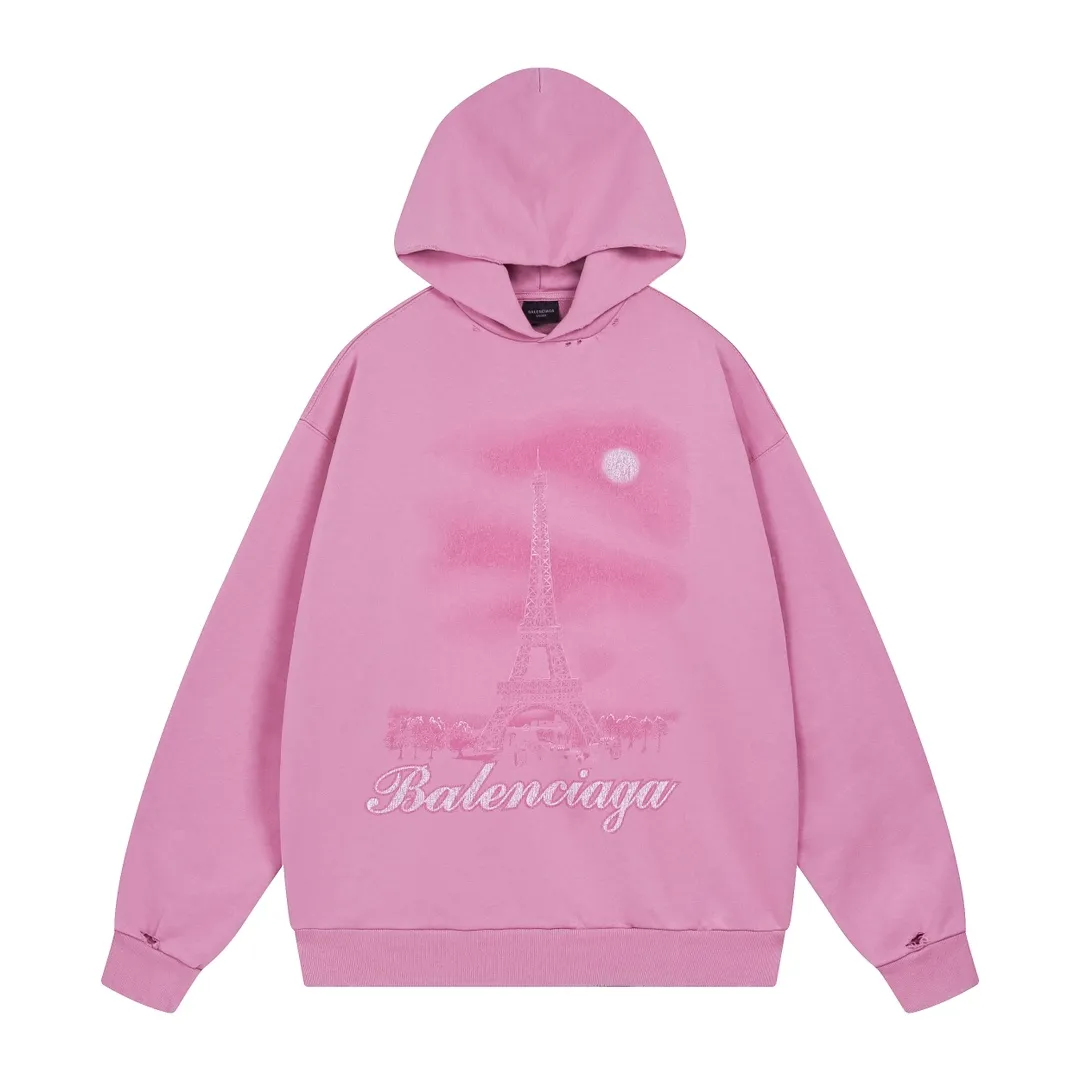 🅿️370 real photos [Top version. Official website quality] BALENCI*GA/Paris. 2024 latest autumn and winter Paris Eiffel Tower direct-injection white ink gradient color printing washed and worn hooded sweatshirt. Overweight craftsmanship, brick cabinet synchronization. ⚠️Distinguish the market currency, genuine product development, welcome to compare! The weight is 460 grams, ground. The hand-painted is consistent with ZP, and the printing uses Kornit digital direct printing. The garments are washed and worn. The whole piece is designed with extra heavy craftsmanship. Comparisons welcome. The version adopts OS loose shoulder design. Same style for men and women. Code: BL238919 Color: pink, washed blue Size: XS. S. M. L