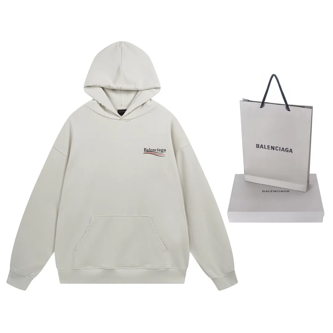 🅿️300 Detailed picture [Top version. Official website quality] BALENCI*GA/Paris# classic model, 2023 autumn and winter new style. Coke cracked printed worn distressed long-sleeved hooded sweatshirt. The fabric is made of Paris ZP custom-woven and dyed cotton double yarn David sweatshirt. The weight is 450 grams, the cloth surface is clean. The cloth pattern is clear, soft and comfortable. The threads are dyed with no color difference. The classic pattern printing uses environmentally friendly imported glue, split printing, precision stencil, clear letters, no burrs, and strong three-dimensional effect. The garments are worn and worn. All colors are synchronized with the brick cabinets, custom woven and dyed, and will not fade. Different market currencies. The version adopts OS loose shoulder design. Same style for men and women. Code: BL238029 Color: black, smoke gray, plain blue, off-white Size: XS S M L