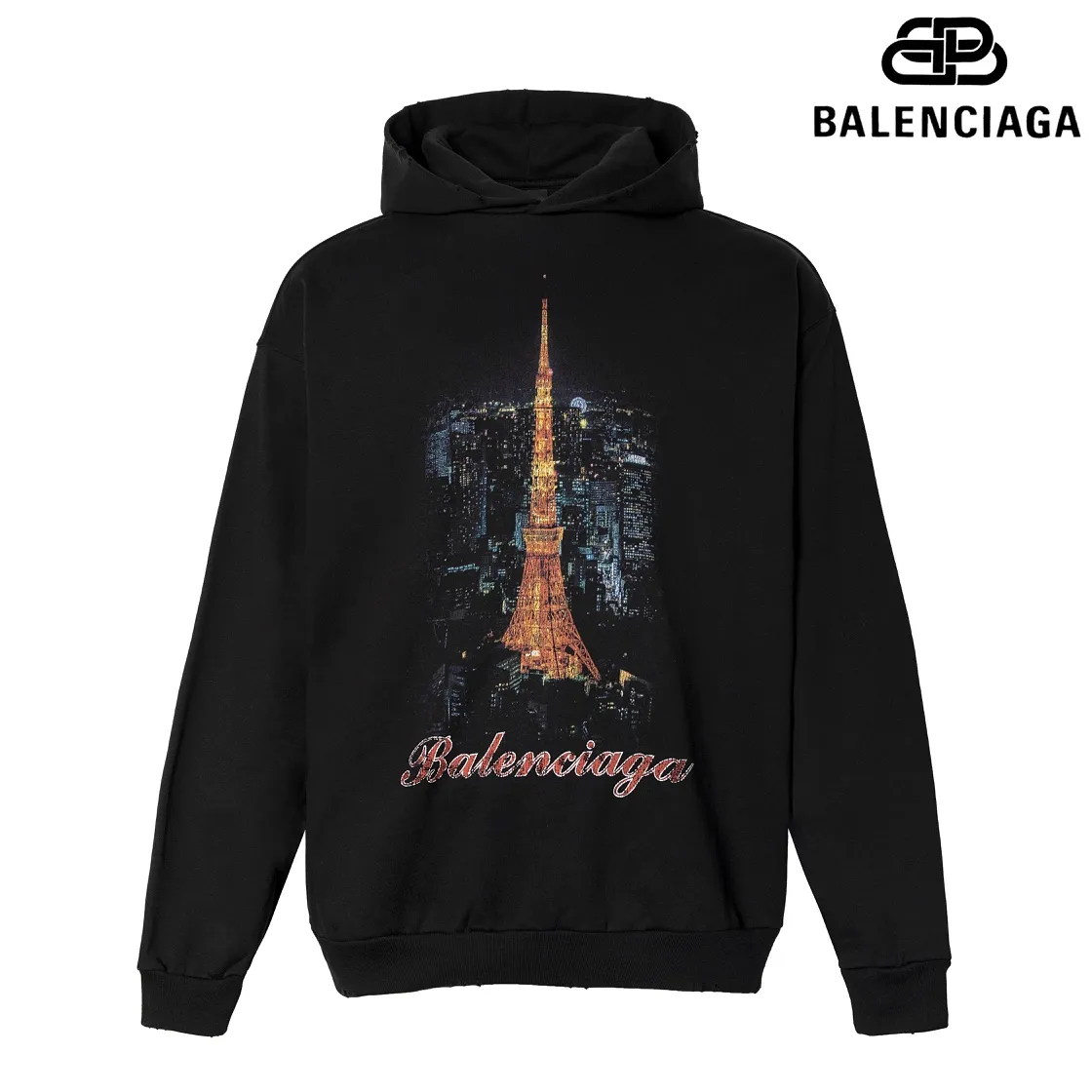 🅿️310 7156# Detailed picture Top version [[BALENCIA*GA] official website quality Paris new Japanese Tokyo Tower series hooded sweatshirt OS version Loose dropped shoulders Unisex style Fabric: 480g 100% cotton terry Davidson Technique: Front and back digital printing Garment wash Frayed Distressed Styling Solid color Color: black blue off-white Size: XS S M L