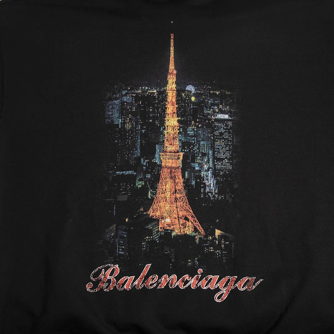 🅿️310 7156# Detailed picture Top version [[BALENCIA*GA] official website quality Paris new Japanese Tokyo Tower series hooded sweatshirt OS version Loose dropped shoulders Unisex style Fabric: 480g 100% cotton terry Davidson Technique: Front and back digital printing Garment wash Frayed Distressed Styling Solid color Color: black blue off-white Size: XS S M L