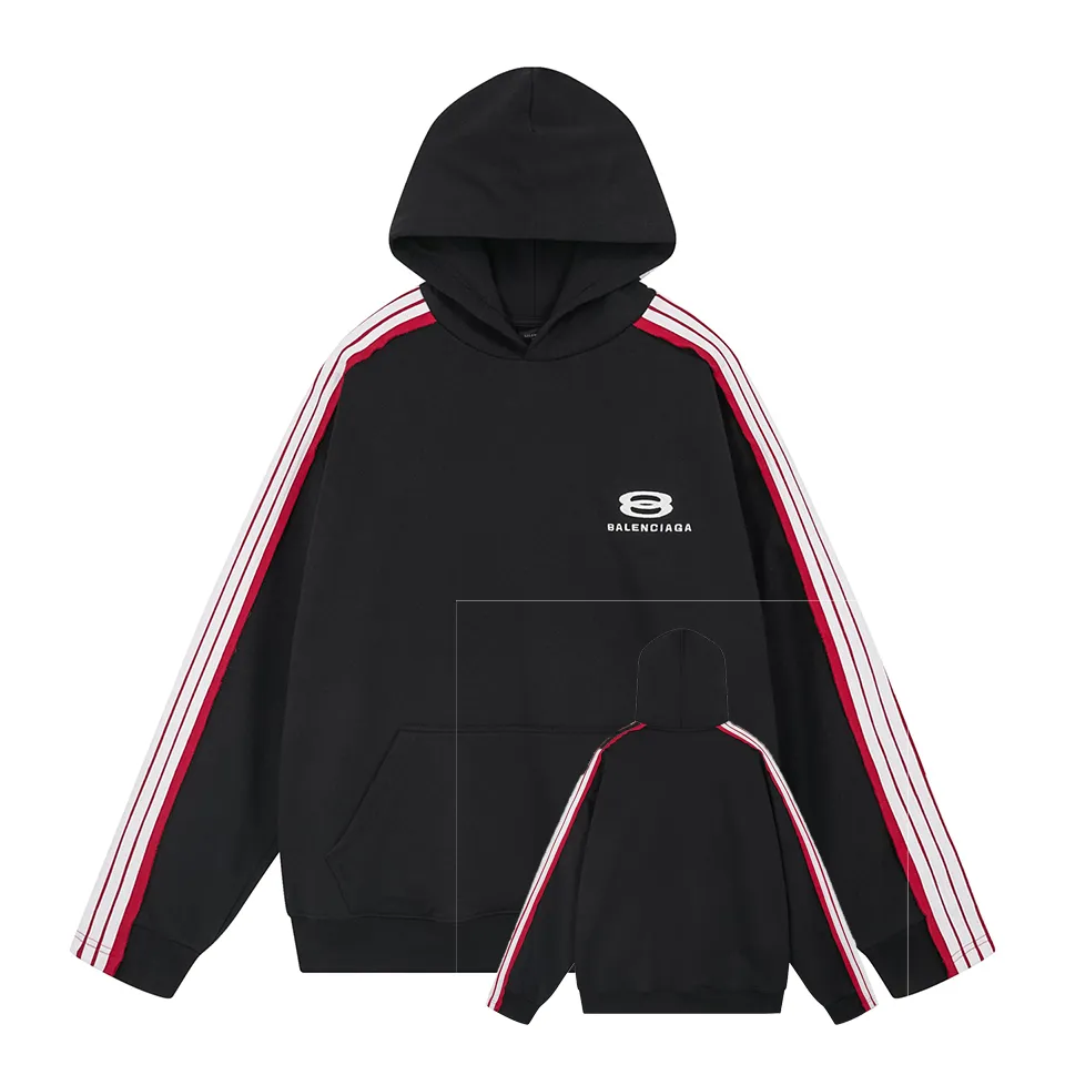 🅿️400 BALENCI*GA Paris shoulder sleeves and salad terms hooded sweatshirt. The front embroidery uses an imported Tajima embroidery machine. Double shoulder sleeves are color-blocked and tied. Customized matching hardware. The letters are clear. The effect is three-dimensional. Exclusively pattern-woven and dyed 460g fabric. Threads are dyed in the same cylinder with zero color difference. Brick cabinet synchronization. Welcome to compare. Same style for men and women -Color: black white -SIZE: Xs S M L Style number 8987#