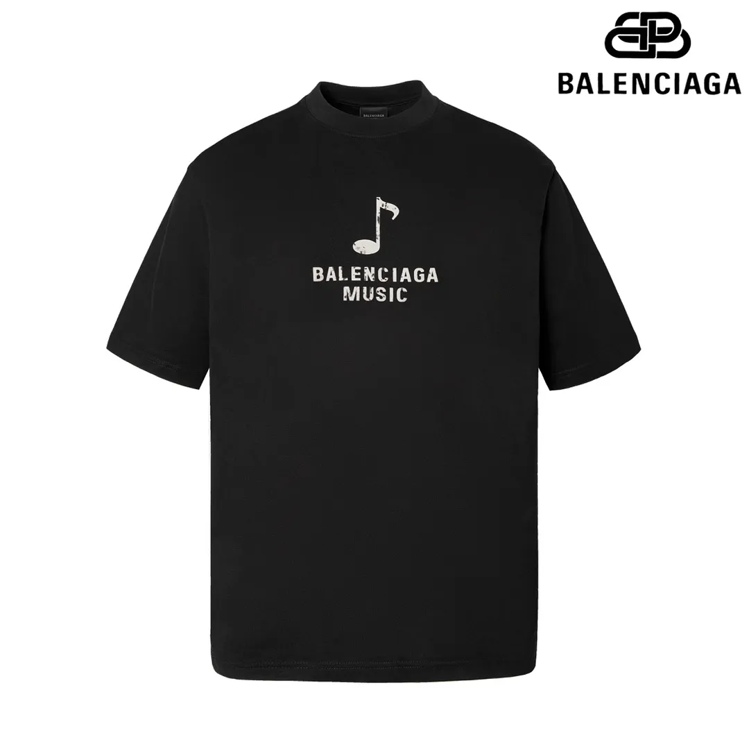 🅿️160 9129# Detailed picture Top version [[BALENCIA*GA] official website quality Paris new musical note logo heat-printed short-sleeved T-shirt OS version Loose dropped shoulders Unisex fabric: 260 grams 100% cotton double yarn Technology: front and rear heat transfer printing Garment wash Shape solid color Color: black white Size: XS S M L