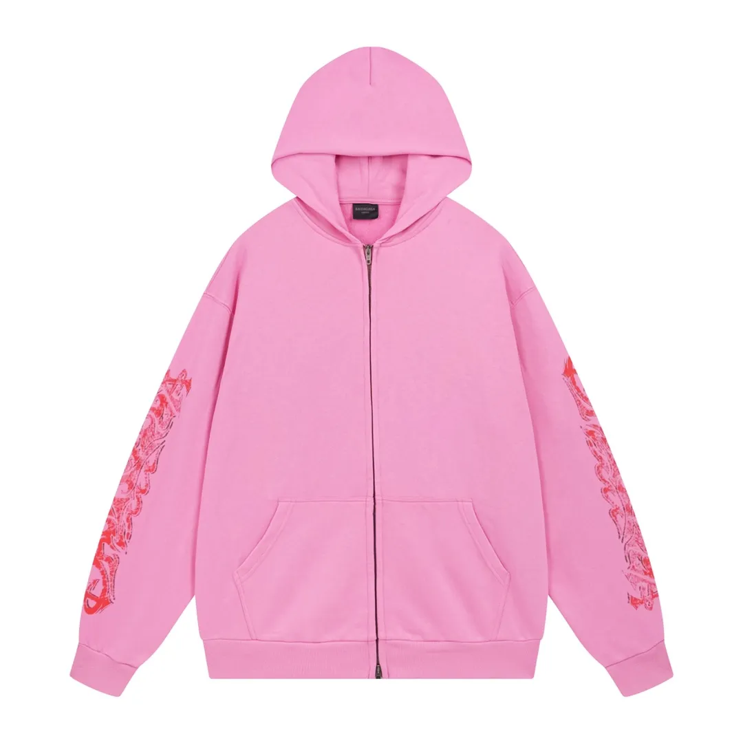 🅿️370 Detailed Picture [Top version. Official website quality] BALENCI*GA/Paris. 2024 latest flame graffiti direct-printed long-sleeved hooded zipper cardigan sweatshirt. Brick cabinet synchronization. ⚠️Difference market currency. YB development. The fabric is made of Paris ZP custom-woven and dyed 100% cotton double yarn compact cotton. The weight is 260 grams, the cloth surface is clean. The cloth pattern is clear, soft and comfortable. The threads are dyed with no color difference. The front and back printing adopts Kornit direct-injection printing pattern and adopts OS loose shoulder-dropping pattern. Same style for men and women. Code: BL238056 Color: dark gray blue. Pink Size: XS S M L