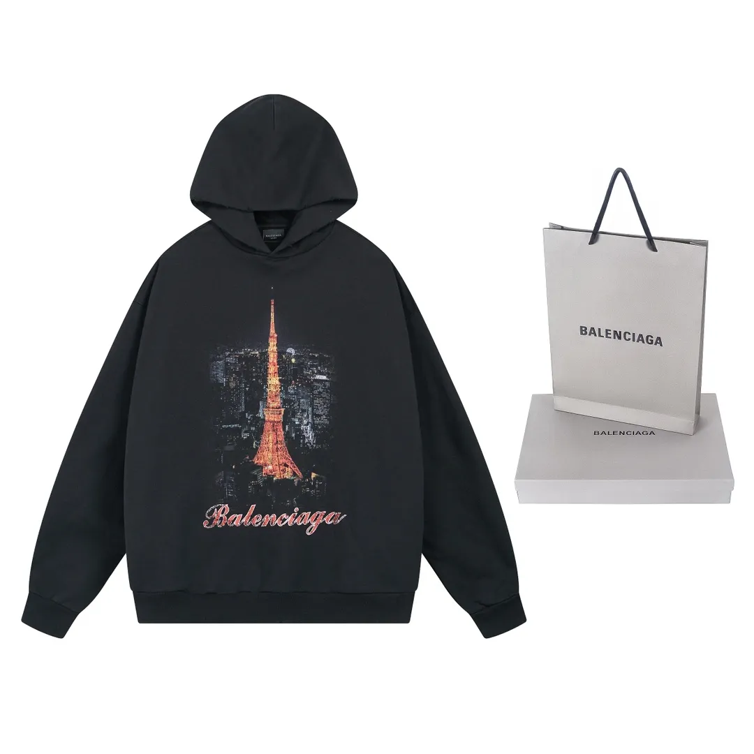 🅿️340 real photos [Top version. Official website quality] BALENCI*GA/Paris. 2024 new style, Paris. Japan Tokyo Tower limited edition. Front and rear panels direct-injection printing, washed and distressed hooded sweatshirt, 2024 new style. Y plate customization. Special market currency. Brick cabinets are synchronized. Genuine products are developed at the first time, and you can print and compare! The fabric is made of Paris ZP custom-woven and dyed cotton sweatshirt. Weighing 460 grams, the cloth surface is clean. The cloth pattern is clear, soft and comfortable. The threads are dyed with no color difference. The printing uses environmentally friendly imported materials for direct-injection printing, with clear letters and three-dimensional effect. The entire garment is washed, distressed and worn. The version adopts OS loose shoulder design. Same style for men and women. Code: BL238933 Color: black blue Size: XS S M L