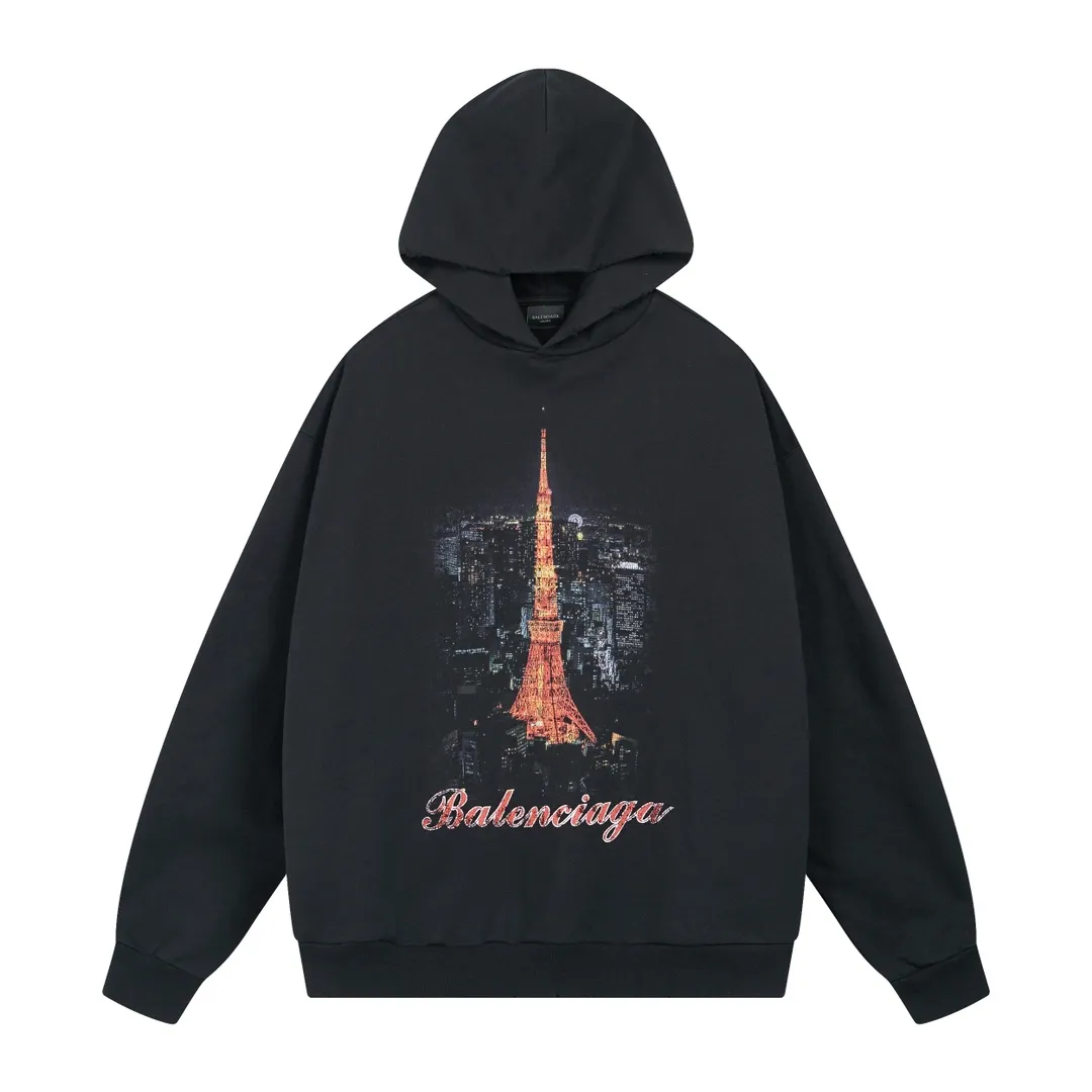 🅿️340 real photos [Top version. Official website quality] BALENCI*GA/Paris. 2024 new style, Paris. Japan Tokyo Tower limited edition. Front and rear panels direct-injection printing, washed and distressed hooded sweatshirt, 2024 new style. Y plate customization. Special market currency. Brick cabinets are synchronized. Genuine products are developed at the first time, and you can print and compare! The fabric is made of Paris ZP custom-woven and dyed cotton sweatshirt. Weighing 460 grams, the cloth surface is clean. The cloth pattern is clear, soft and comfortable. The threads are dyed with no color difference. The printing uses environmentally friendly imported materials for direct-injection printing, with clear letters and three-dimensional effect. The entire garment is washed, distressed and worn. The version adopts OS loose shoulder design. Same style for men and women. Code: BL238933 Color: black blue Size: XS S M L