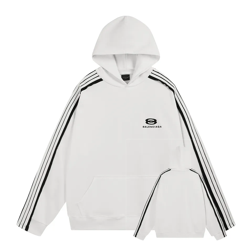 🅿️400 - BALENCI*GA Paris shoulder sleeves and salad terms hooded sweatshirt. The front embroidery uses imported Tajima embroidery machines. Double shoulder sleeves color matching tie-bar technology. Customized matching hardware. Clear letters. Three-dimensional effect. Exclusively pattern-woven and dyed 460g fabric. Threads are dyed in the same cylinder with zero color difference. Brick cabinet synchronization. Welcome to compare. Same style for men and women -Color: black white -SIZE: Xs S M L Style number 8987#