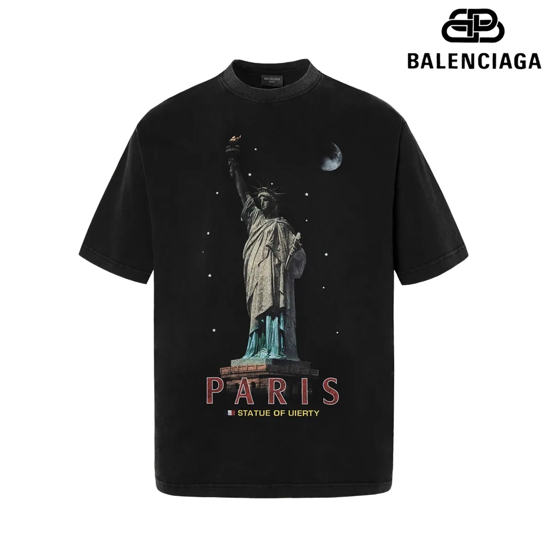 🅿️180 9112# Detailed picture Top version [[BALENCIA*GA] official website quality Paris new Statue of Liberty catwalk style short-sleeved T-shirt OS version loose dropped shoulders Unisex style Fabric: 260g 100% cotton double yarn Process: front digital direct printing Garment wash worn distressed fixed color Color: washed black white Size: XS S M L