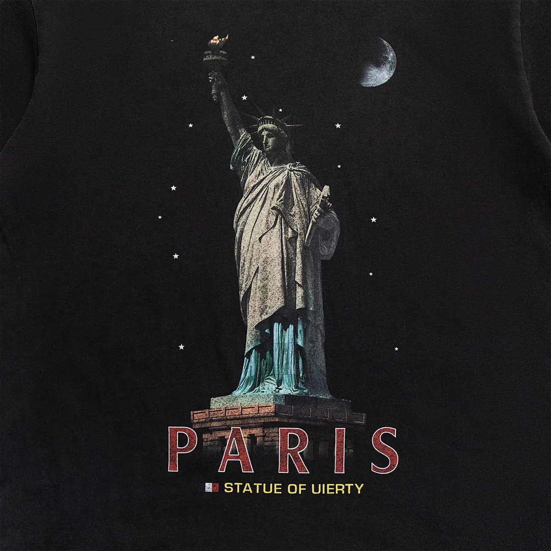🅿️180 9112# Detailed picture Top version [[BALENCIA*GA] official website quality Paris new Statue of Liberty catwalk style short-sleeved T-shirt OS version loose dropped shoulders Unisex style Fabric: 260g 100% cotton double yarn Process: front digital direct printing Garment wash worn distressed fixed color Color: washed black white Size: XS S M L