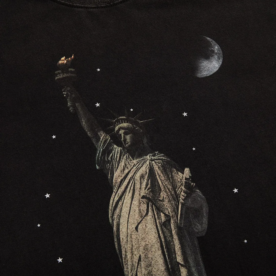 🅿️180 9112# Detailed picture Top version [[BALENCIA*GA] official website quality Paris new Statue of Liberty catwalk style short-sleeved T-shirt OS version loose dropped shoulders Unisex style Fabric: 260g 100% cotton double yarn Process: front digital direct printing Garment wash worn distressed fixed color Color: washed black white Size: XS S M L