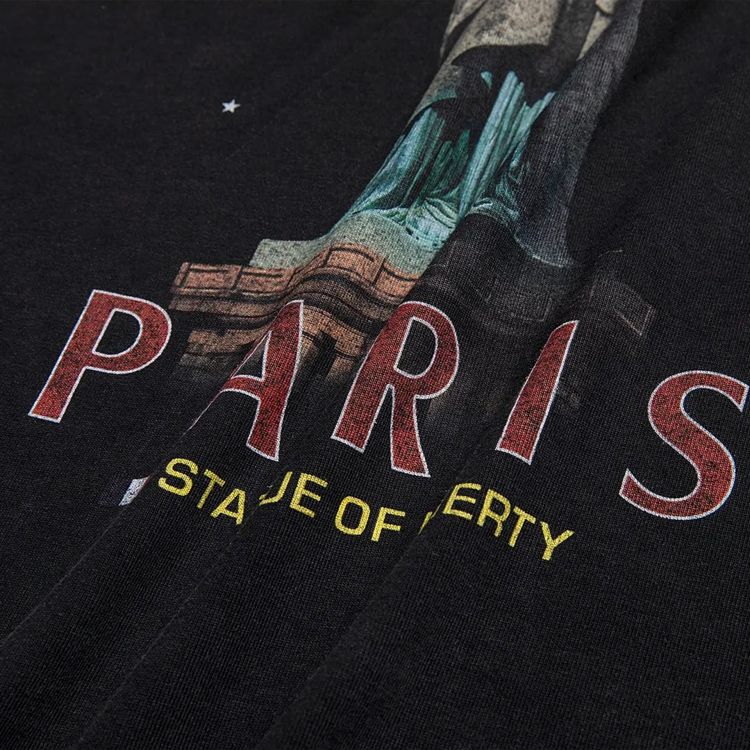 🅿️180 9112# Detailed picture Top version [[BALENCIA*GA] official website quality Paris new Statue of Liberty catwalk style short-sleeved T-shirt OS version loose dropped shoulders Unisex style Fabric: 260g 100% cotton double yarn Process: front digital direct printing Garment wash worn distressed fixed color Color: washed black white Size: XS S M L