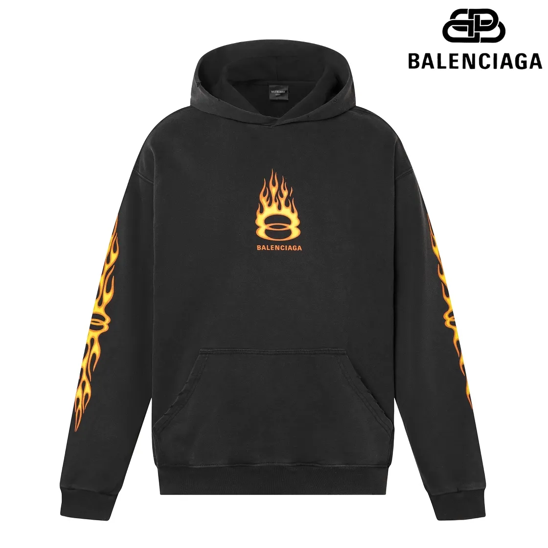 🅿️320 7145# Detailed picture Top version [BALENCIA*GA] Official website quality Paris's new double-ring flame series hooded sweatshirt OS version Loose dropped shoulders Unisex style Fabric: 480g 100% cotton terry David sweater Craftsmanship: Front and back panels left and right sleeve printing Garment wash Distressed Worn Shaping Solid color Color: Washed black Size: XS S M L