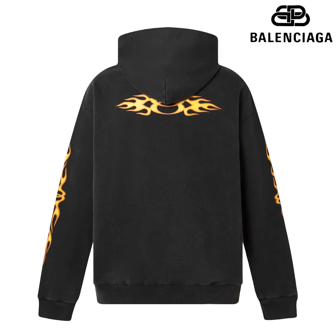🅿️320 7145# Detailed picture Top version [BALENCIA*GA] Official website quality Paris's new double-ring flame series hooded sweatshirt OS version Loose dropped shoulders Unisex style Fabric: 480g 100% cotton terry David sweater Craftsmanship: Front and back panels left and right sleeve printing Garment wash Distressed Worn Shaping Solid color Color: Washed black Size: XS S M L