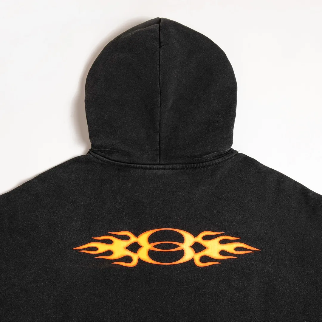 🅿️320 7145# Detailed picture Top version [BALENCIA*GA] Official website quality Paris's new double-ring flame series hooded sweatshirt OS version Loose dropped shoulders Unisex style Fabric: 480g 100% cotton terry David sweater Craftsmanship: Front and back panels left and right sleeve printing Garment wash Distressed Worn Shaping Solid color Color: Washed black Size: XS S M L