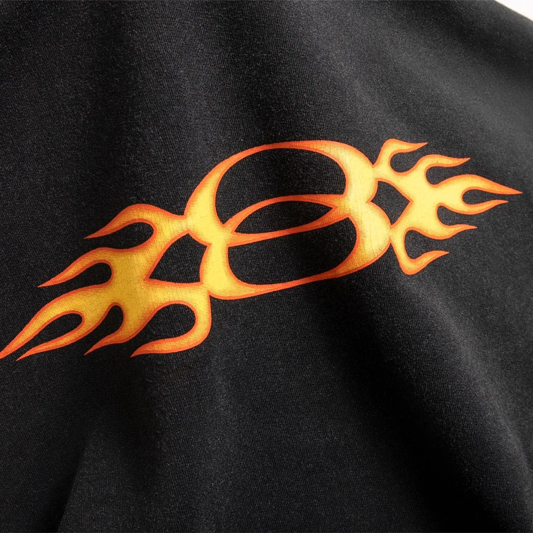 🅿️320 7145# Detailed picture Top version [BALENCIA*GA] Official website quality Paris's new double-ring flame series hooded sweatshirt OS version Loose dropped shoulders Unisex style Fabric: 480g 100% cotton terry David sweater Craftsmanship: Front and back panels left and right sleeve printing Garment wash Distressed Worn Shaping Solid color Color: Washed black Size: XS S M L