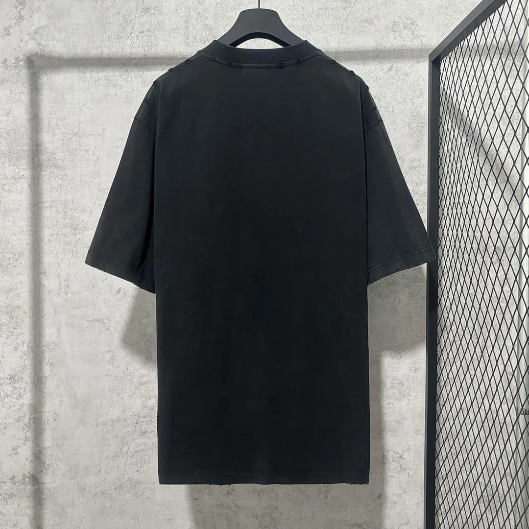 🅿️170 9107# Actual photo top version [[BALENCIA*GA] official website quality Paris new crown wheat scissors short-sleeved T-shirt OS version loose dropped shoulders Unisex style Fabric: 260g 100% cotton double yarn Process: front printing Garment wash Distressed worn Shape solid color Color: washed black Size: XS S M L