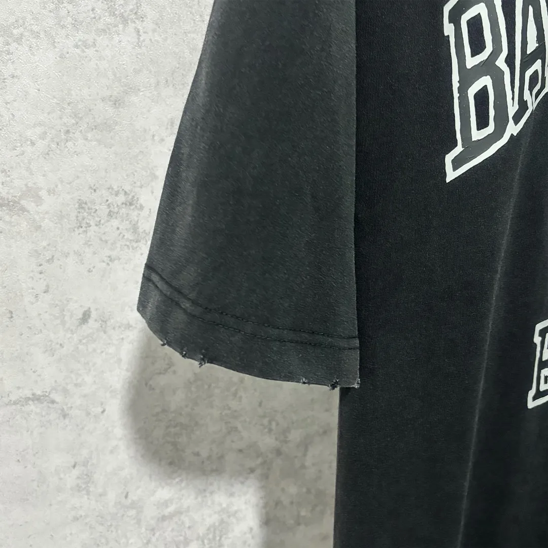 🅿️170 9107# Actual photo top version [[BALENCIA*GA] official website quality Paris new crown wheat scissors short-sleeved T-shirt OS version loose dropped shoulders Unisex style Fabric: 260g 100% cotton double yarn Process: front printing Garment wash Distressed worn Shape solid color Color: washed black Size: XS S M L