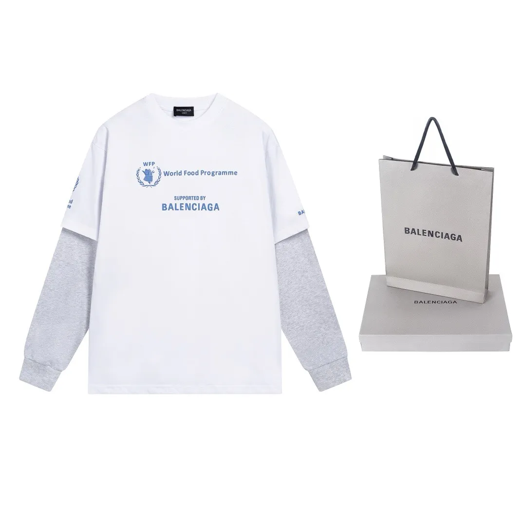 🅿️216 Real photos [Top version. Official website quality] BALENCIAGA/Balenciaga WFP World Food Agency charity limited edition #long-sleeved T-shirt. The fabric is made of Paris ZP custom-woven and dyed cotton double yarn. Weighing 260 grams, the cloth surface is clean. The cloth pattern is clear, soft and comfortable. The ribbing is dyed with no color difference. The classic pattern printing uses environmentally friendly imported glue, micro-foam printing. Precision screen. The letters are clear. No burrs. Strong three-dimensional effect. The version adopts OS loose shoulder version. Same style for men and women. Coding: BL225016 Color: white, black Size: XS S M L