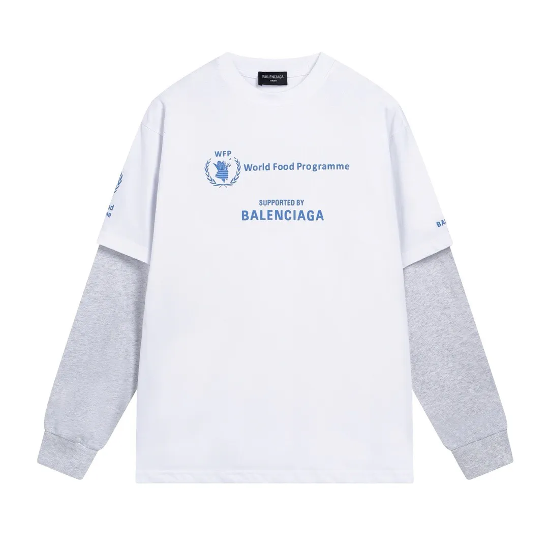 🅿️216 Real photos [Top version. Official website quality] BALENCIAGA/Balenciaga WFP World Food Agency charity limited edition #long-sleeved T-shirt. The fabric is made of Paris ZP custom-woven and dyed cotton double yarn. Weighing 260 grams, the cloth surface is clean. The cloth pattern is clear, soft and comfortable. The ribbing is dyed with no color difference. The classic pattern printing uses environmentally friendly imported glue, micro-foam printing. Precision screen. The letters are clear. No burrs. Strong three-dimensional effect. The version adopts OS loose shoulder version. Same style for men and women. Coding: BL225016 Color: white, black Size: XS S M L