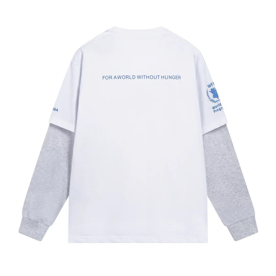 🅿️216 Real photos [Top version. Official website quality] BALENCIAGA/Balenciaga WFP World Food Agency charity limited edition #long-sleeved T-shirt. The fabric is made of Paris ZP custom-woven and dyed cotton double yarn. Weighing 260 grams, the cloth surface is clean. The cloth pattern is clear, soft and comfortable. The ribbing is dyed with no color difference. The classic pattern printing uses environmentally friendly imported glue, micro-foam printing. Precision screen. The letters are clear. No burrs. Strong three-dimensional effect. The version adopts OS loose shoulder version. Same style for men and women. Coding: BL225016 Color: white, black Size: XS S M L