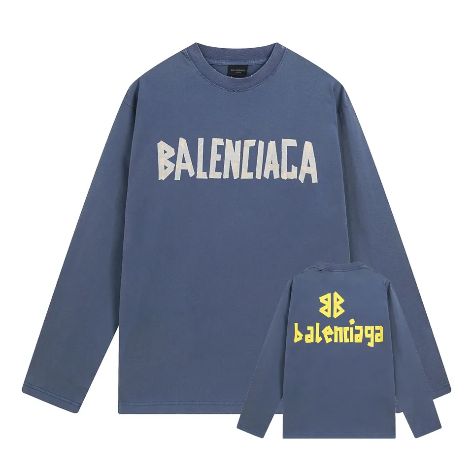 🅿️250 BALENCI*GA Paris tape series printed washed distressed long sleeves. The fabric is made of 280g Paris-specific double yarns*high weight 1:1 double yarn rib. The front and rear panels are made of imported Kornray machine direct-injection printing technology. Distressing + multi-position cutting and wear-making process. Two high-temperature shaping washes. os dropped shoulders and loose version. Same style for men and women -Color: off-white, iron gray, burgundy, green, black blue, fog blue -SIZE: XS S M L style number 8602#