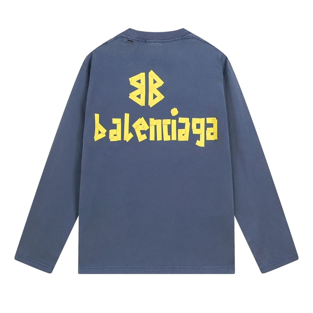 🅿️250 BALENCI*GA Paris tape series printed washed distressed long sleeves. The fabric is made of 280g Paris-specific double yarns*high weight 1:1 double yarn rib. The front and rear panels are made of imported Kornray machine direct-injection printing technology. Distressing + multi-position cutting and wear-making process. Two high-temperature shaping washes. os dropped shoulders and loose version. Same style for men and women -Color: off-white, iron gray, burgundy, green, black blue, fog blue -SIZE: XS S M L style number 8602#