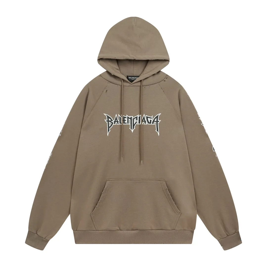 🅿️316 Detailed picture [Top version. Official website quality] BALENCI*GA/Paris. Classic model. 23SS#BALENCI*GA# Ready-to-wear distressed. Hand-worn. Hand-painted, limited edition rock band printed hooded long-sleeved sweatshirt. Autumn and winter brick cabinet synchronization. The fabric is made of Paris ZP custom-woven and dyed cotton sweatshirt. The net weight is 450 grams. The cloth surface is clean. The cloth pattern is clear, soft and comfortable. The threads are woven and dyed with no color difference. The classic letter LOGO uses precision stencils, imported environmentally friendly rubber paddles, and crackle printing, with a three-dimensional effect. The hem is hand-painted, restoring the brick cabinet, and the version adopts the OS loose shoulder style. Same style for men and women. Code: BL238057 Color: black, coffee, beige. Size: XS S M L