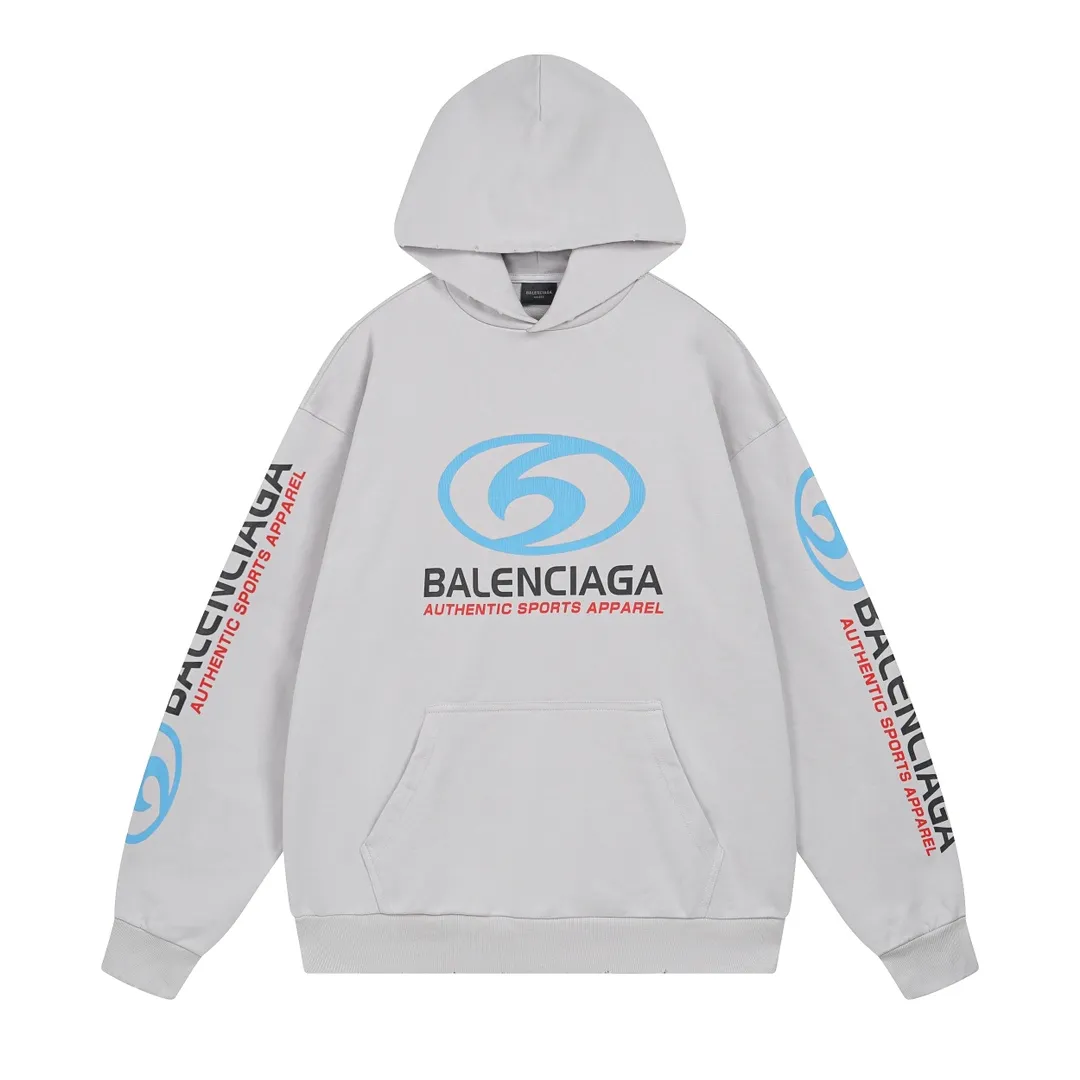 🅿️330 real photos [Top version. Official website quality] BALENCI*GA/Paris. 2024 new style. Paris surf pattern letter printing straight cracks. Ready-to-wear worn and distressed hooded sweatshirt, brick cabinet synchronization. Genuine product developed at the first time, happy to print and compare! The fabric is made of Paris ZP custom-woven and dyed cotton terry sweatshirt. Weighing 460 grams, the cloth surface is clean. The cloth pattern is clear, soft and comfortable. The threads are dyed with no color difference. The classic LOGO is printed using environmentally friendly imported materials with clear pattern letters and a three-dimensional effect. Restored brick cabinet. Ready-made garments are washed, worn and distressed. Different market currency. Welcome to compare. The version adopts OS loose shoulder style. Same style for men and women. Code: BL238931 Color: gray blue, gray white Size: XS S M L