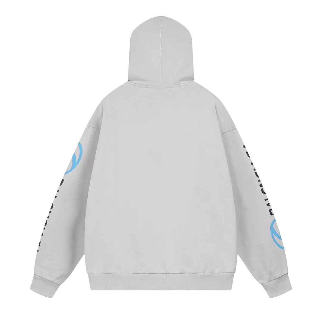 🅿️330 real photos [Top version. Official website quality] BALENCI*GA/Paris. 2024 new style. Paris surf pattern letter printing straight cracks. Ready-to-wear worn and distressed hooded sweatshirt, brick cabinet synchronization. Genuine product developed at the first time, happy to print and compare! The fabric is made of Paris ZP custom-woven and dyed cotton terry sweatshirt. Weighing 460 grams, the cloth surface is clean. The cloth pattern is clear, soft and comfortable. The threads are dyed with no color difference. The classic LOGO is printed using environmentally friendly imported materials with clear pattern letters and a three-dimensional effect. Restored brick cabinet. Ready-made garments are washed, worn and distressed. Different market currency. Welcome to compare. The version adopts OS loose shoulder style. Same style for men and women. Code: BL238931 Color: gray blue, gray white Size: XS S M L
