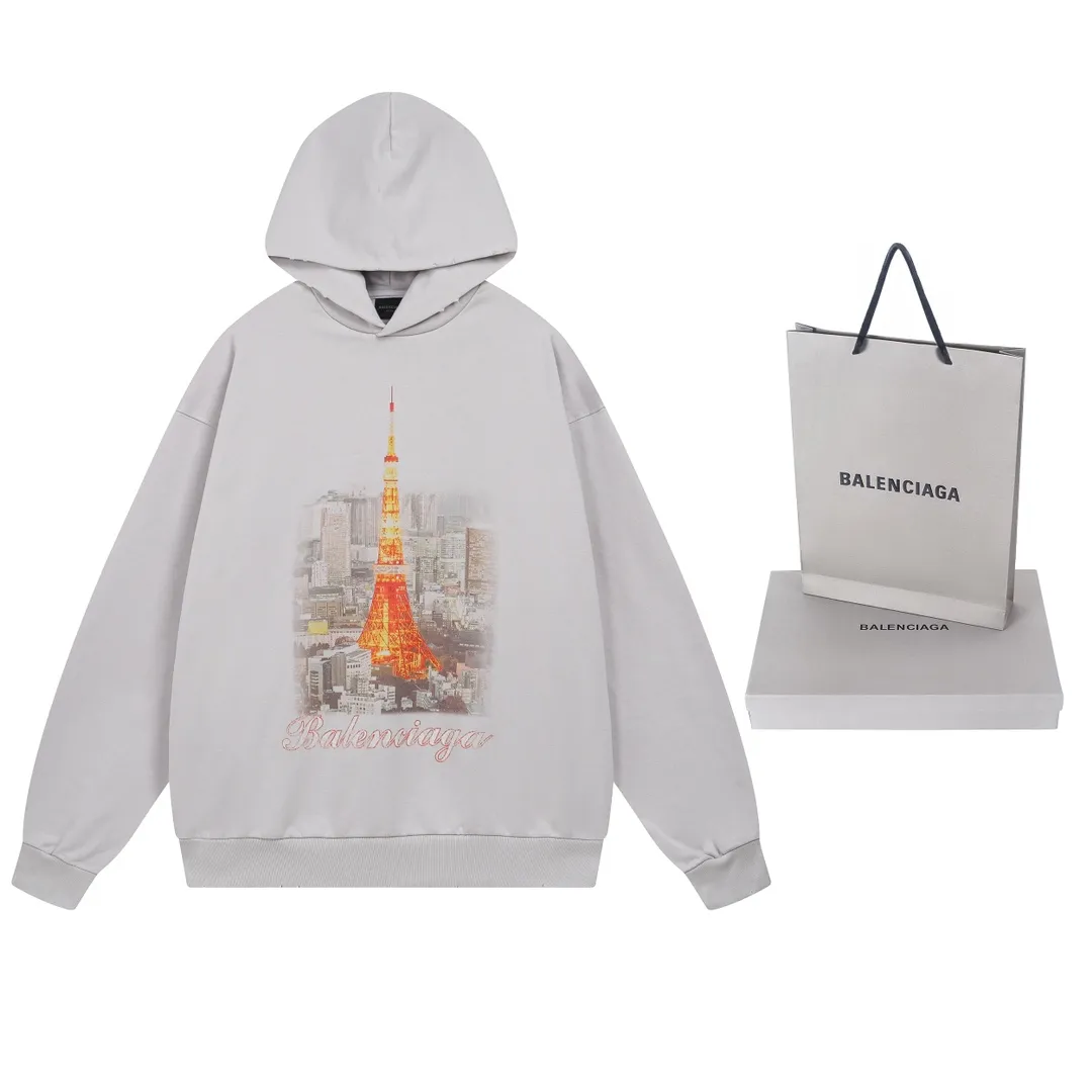🅿️340 real photos [Top version. Official website quality] BALENCI*GA/Paris. 2024 new style, Paris. Japan Tokyo Tower limited edition. Front and rear panels direct-injection printing, washed and distressed hooded sweatshirt, 2024 new style. Y plate customization. Special market currency. Brick cabinets are synchronized. Genuine products are developed at the first time, and you can print and compare! The fabric is made of Paris ZP custom-woven and dyed cotton sweatshirt. Weighing 460 grams, the cloth surface is clean. The cloth pattern is clear, soft and comfortable. The threads are dyed with no color difference. The printing uses environmentally friendly imported materials for direct-injection printing, with clear letters and three-dimensional effect. The entire garment is washed, distressed and worn. The version adopts OS loose shoulder design. Same style for men and women. Code: BL238933 Color: black and blue, gray and white Size: XS S M L
