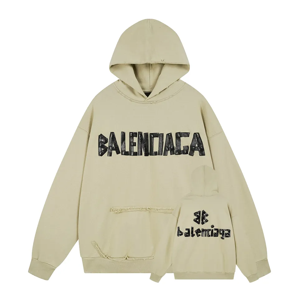 🅿️420 - BALENCI*GA 24ss Paris hot-selling tape hooded sweatshirt. The front and back panels are printed with tape direct printing. Many hand-made grinding. The ready-made clothes are washed and worn. The cloth surface is clean. The cloth pattern is clear, super heavy work. Soft and comfortable. Exclusively pattern-woven and dyed 450g fabric. Threads are dyed in the same vat with zero color difference. Different from the market currency. The version adopts os loose shoulder version. Welcome to compare, same style for men and women. -Color: Iron gray blue, Paris blue, washed black, burgundy, fluorescent yellow, green, khaki -SIZE: XS S M L style number 8912#