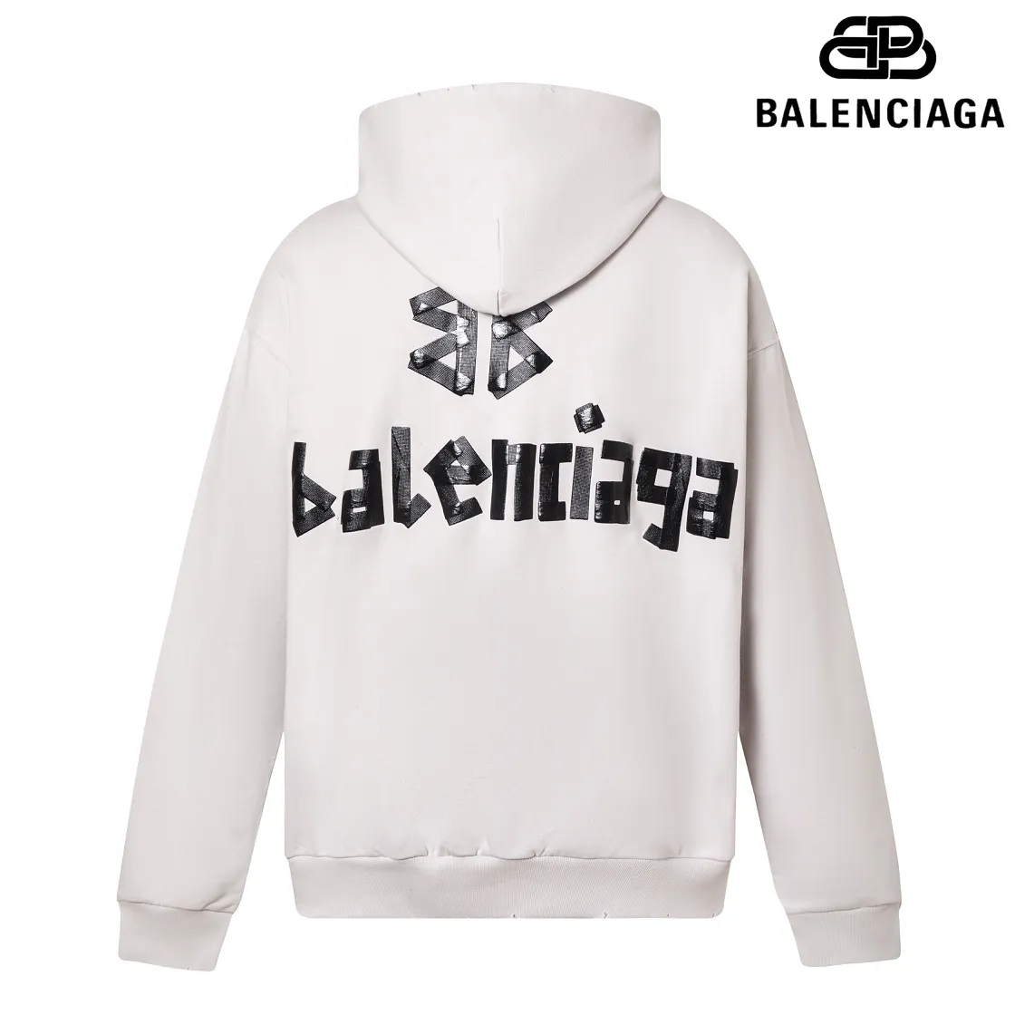 🅿️310 7110# Detailed picture Top version [BALENCIA*GA] Official website quality Paris new tape series hooded sweatshirt OS version Loose dropped shoulders Unisex style Fabric: 480g 100% cotton terry sweatshirt Process: Front and back printing Garment wash Worn Distressed Shape solid color Color: black blue off-white Size: XS S M L