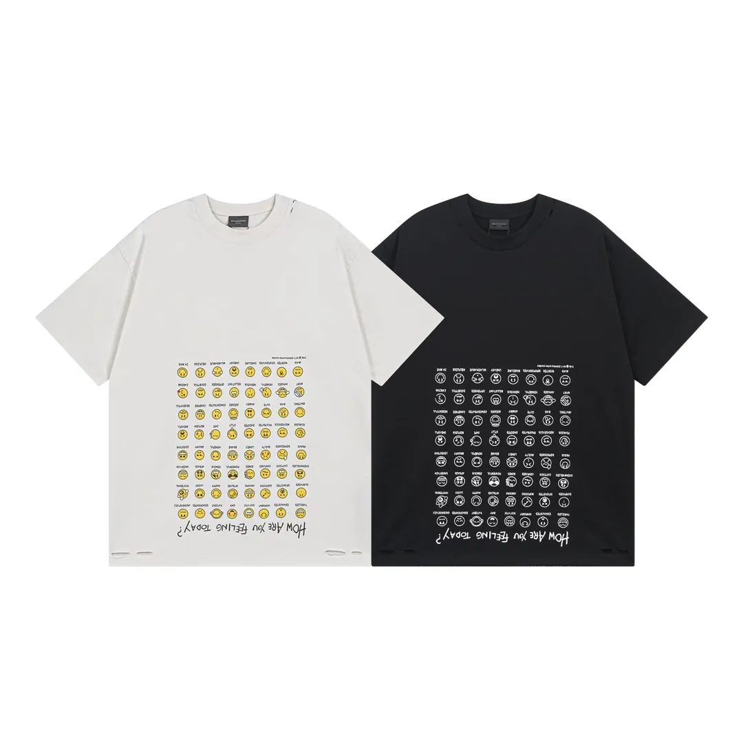 🅿️190 real photos [Top version. Official website quality] BALENCI*GA/Paris. SS25 latest smiley face collection printed washed, distressed and worn short-sleeved T-shirt. Ready-to-wear, many distressed and worn. Brick cabinets are synchronized. Genuine products are developed at the first time, and you can print and compare! The fabric is made of Paris ZP custom-woven and dyed cotton double yarn. Weighing 260 grams, the cloth surface is clean. The cloth pattern is clear, soft and comfortable. The threads are dyed with no color difference. The printing is made of environmentally friendly imported materials. The letters are clear and the effect is three-dimensional. The version adopts OS loose shoulder design. Same style for men and women. Code: BL223610 Color: black, off-white Size: XS S M L