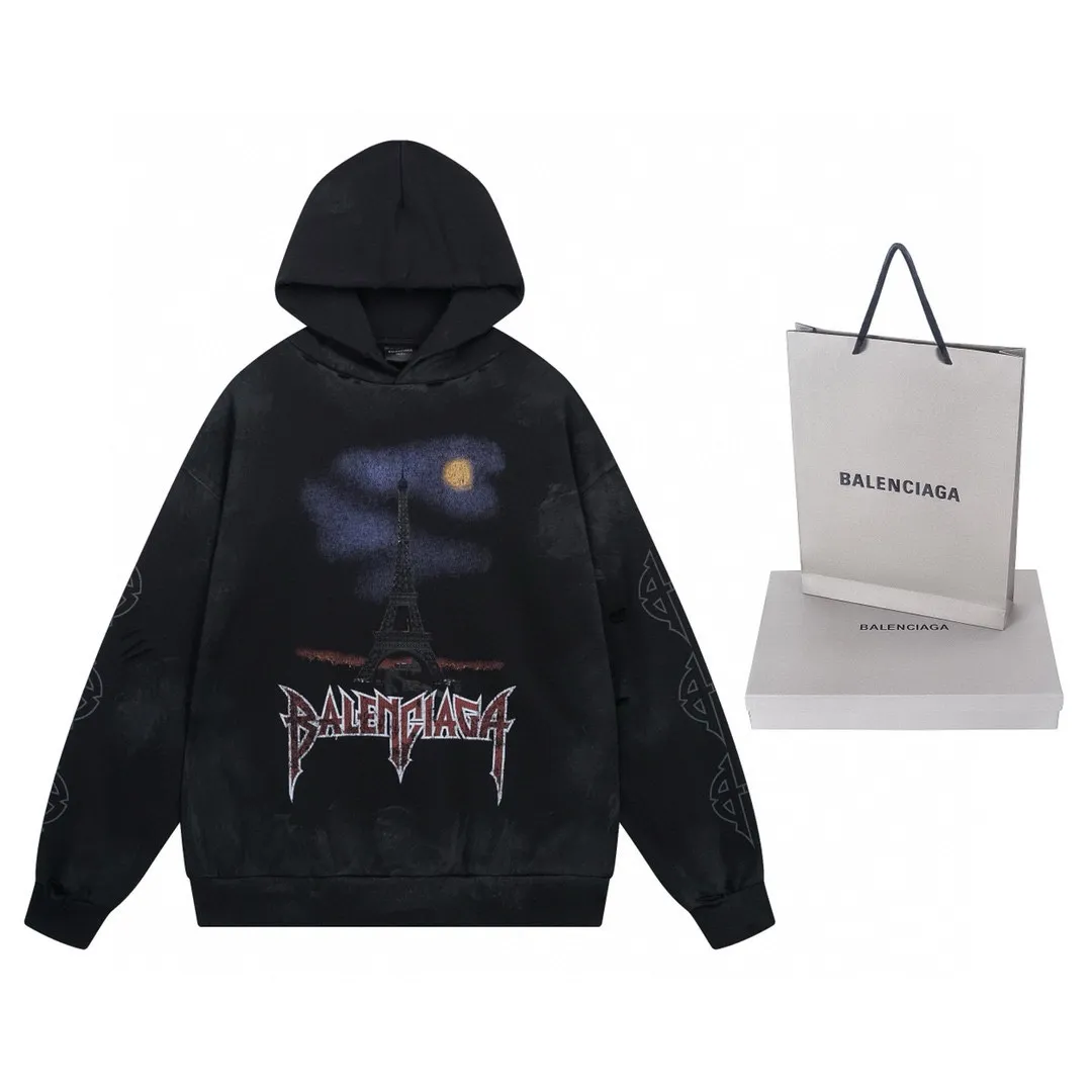 🅿️380 real shots [Top version. Official website quality] BALENCI*GA/Paris. 2024 latest Paris Eiffel Tower inkjet graffiti hand-painted gradient color print washed distressed hooded sweatshirt. Overweight craftsmanship, brick cabinet synchronization. ⚠️Distinguish the market currency, genuine development, this style is black enzyme wash. It is not the market wrong wash water black. The weight is 450 grams, worn. The hand-painted is consistent with ZP, and the printing uses Kornit digital direct printing. The garments are washed, worn and worn. Graffiti are hand-painted. The whole piece is designed with extra heavy craftsmanship. Comparisons welcome. The version adopts OS loose shoulder design. Same style for men and women. Code: BL238012 Color: Black Size: XS S M L