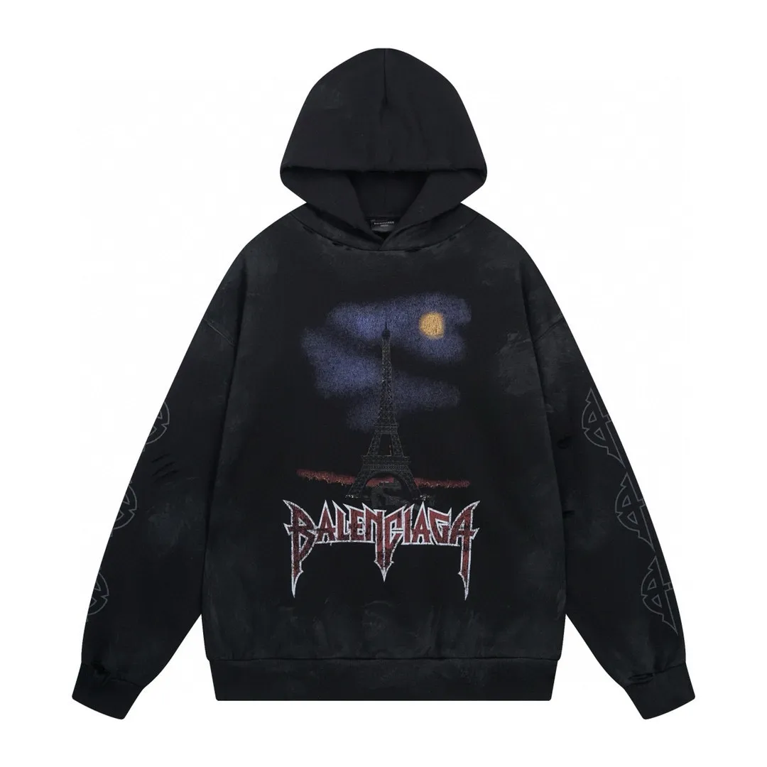 🅿️380 real shots [Top version. Official website quality] BALENCI*GA/Paris. 2024 latest Paris Eiffel Tower inkjet graffiti hand-painted gradient color print washed distressed hooded sweatshirt. Overweight craftsmanship, brick cabinet synchronization. ⚠️Distinguish the market currency, genuine development, this style is black enzyme wash. It is not the market wrong wash water black. The weight is 450 grams, worn. The hand-painted is consistent with ZP, and the printing uses Kornit digital direct printing. The garments are washed, worn and worn. Graffiti are hand-painted. The whole piece is designed with extra heavy craftsmanship. Comparisons welcome. The version adopts OS loose shoulder design. Same style for men and women. Code: BL238012 Color: Black Size: XS S M L