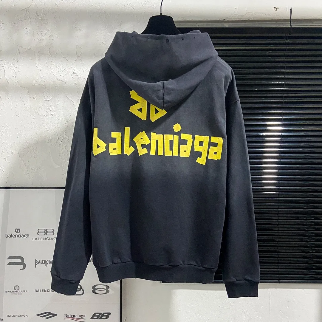 🅿️330 7153# Actual pictures Top version [BALENCIA*GA] Official website quality Paris's new yellow tape series hooded sweatshirt OS version Loose dropped shoulders Unisex style Fabric: 480g 100% cotton terry sweatshirt Technology: Front and back digital direct printing Garment wash Worn Old Shape Solid color Color: Washed black Gray blue Washed blue Size: XS S M L