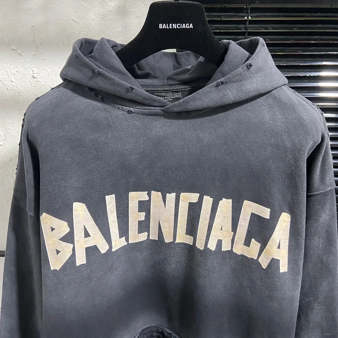 🅿️330 7153# Actual pictures Top version [BALENCIA*GA] Official website quality Paris's new yellow tape series hooded sweatshirt OS version Loose dropped shoulders Unisex style Fabric: 480g 100% cotton terry sweatshirt Technology: Front and back digital direct printing Garment wash Worn Old Shape Solid color Color: Washed black Gray blue Washed blue Size: XS S M L