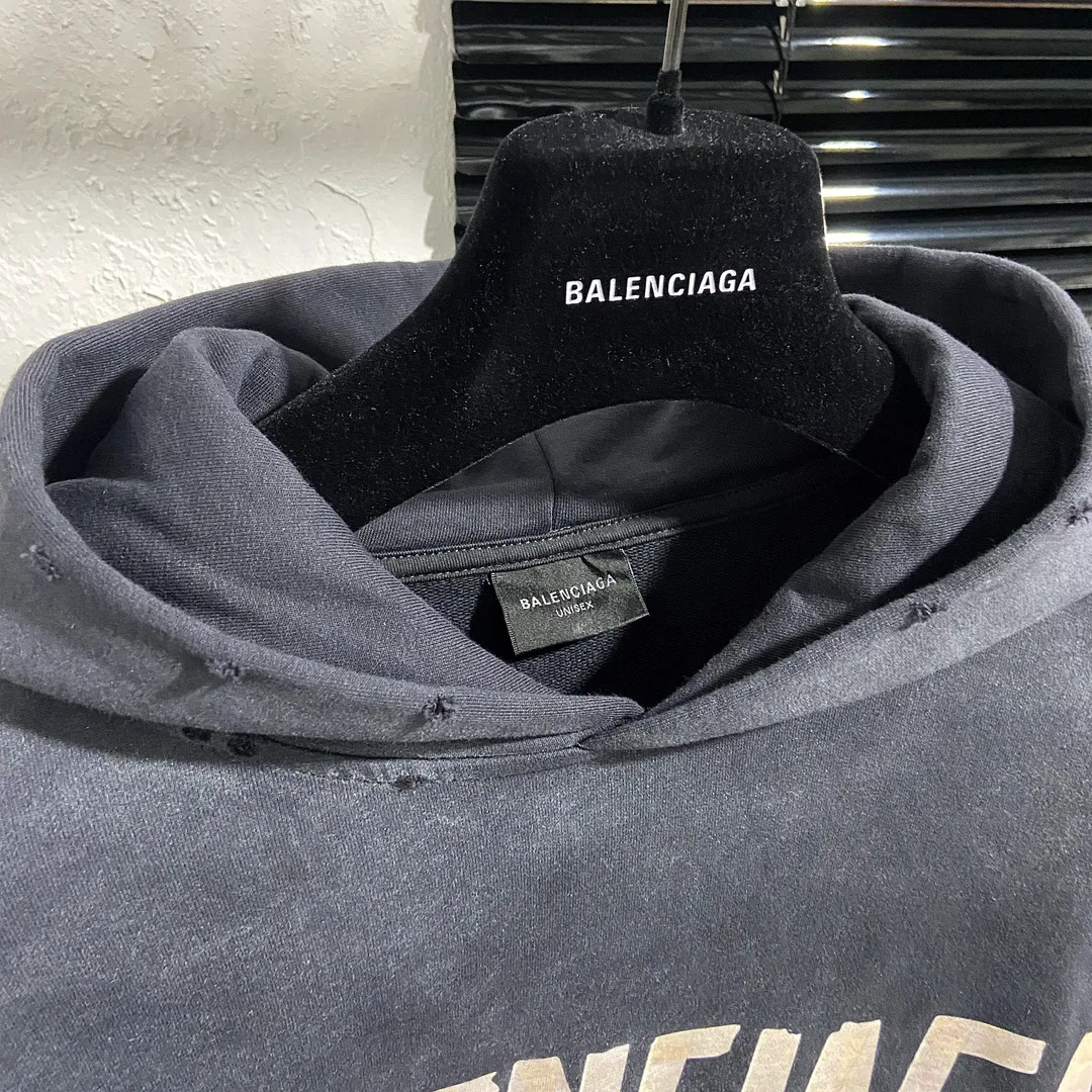 🅿️330 7153# Actual pictures Top version [BALENCIA*GA] Official website quality Paris's new yellow tape series hooded sweatshirt OS version Loose dropped shoulders Unisex style Fabric: 480g 100% cotton terry sweatshirt Technology: Front and back digital direct printing Garment wash Worn Old Shape Solid color Color: Washed black Gray blue Washed blue Size: XS S M L
