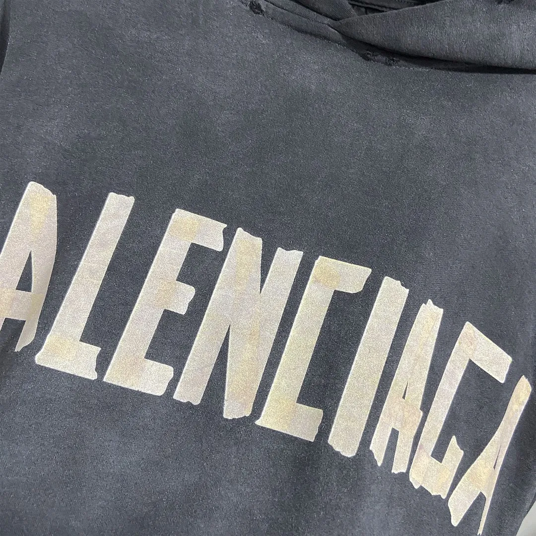 🅿️330 7153# Actual pictures Top version [BALENCIA*GA] Official website quality Paris's new yellow tape series hooded sweatshirt OS version Loose dropped shoulders Unisex style Fabric: 480g 100% cotton terry sweatshirt Technology: Front and back digital direct printing Garment wash Worn Old Shape Solid color Color: Washed black Gray blue Washed blue Size: XS S M L