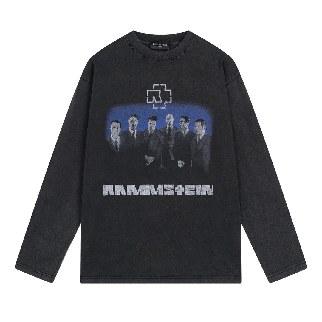 🅿️220 Detailed picture [Top version. Official website quality] BALENCI*GA/Paris Rammstein band co-branded long-sleeved T-shirt. The fabric is made of Paris ZP custom-woven and dyed cotton double yarn. The net weight is 260 grams. The cloth surface is clean. The cloth pattern is clear, soft and comfortable. The threads are dyed with no color difference. The pattern adopts Kornit digital direct printing machine, the letter strips are drawn with crack technology, the direct printing color is aligned with the original color, the LOGO is embroidered on the back of the clothes and legs, the ready-made clothes are washed and worn, the brick cabinets are restored, and the Jubie market is produced according to the pictures. You are welcome to compare the version and adopt the OS loose shoulder version. Same style for men and women Code: BL225020 Color: Washed Black Size: XS S M L